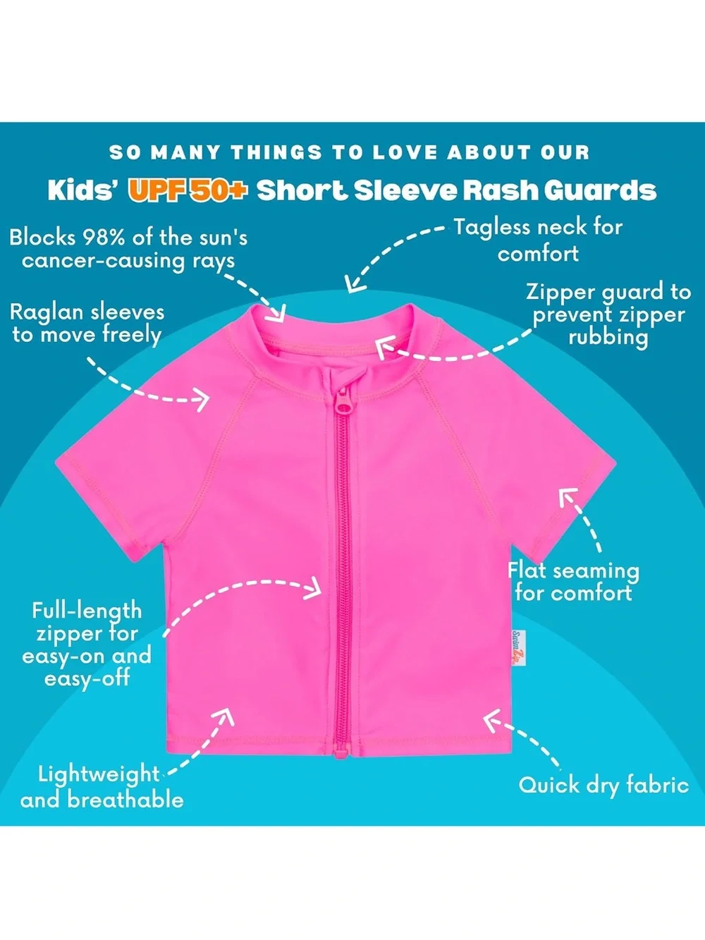Kids Hot Pink Short-Sleeve Zip Front Swim Shirt 18-24 Months